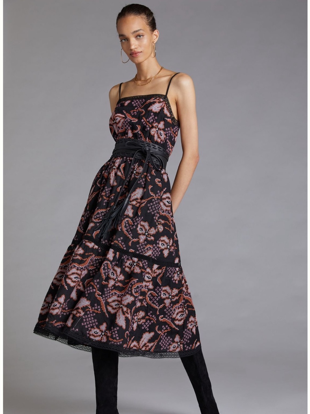 By Anthropologie XS Black Cross Stitch Embroidered Midi Dress Smocked Lace